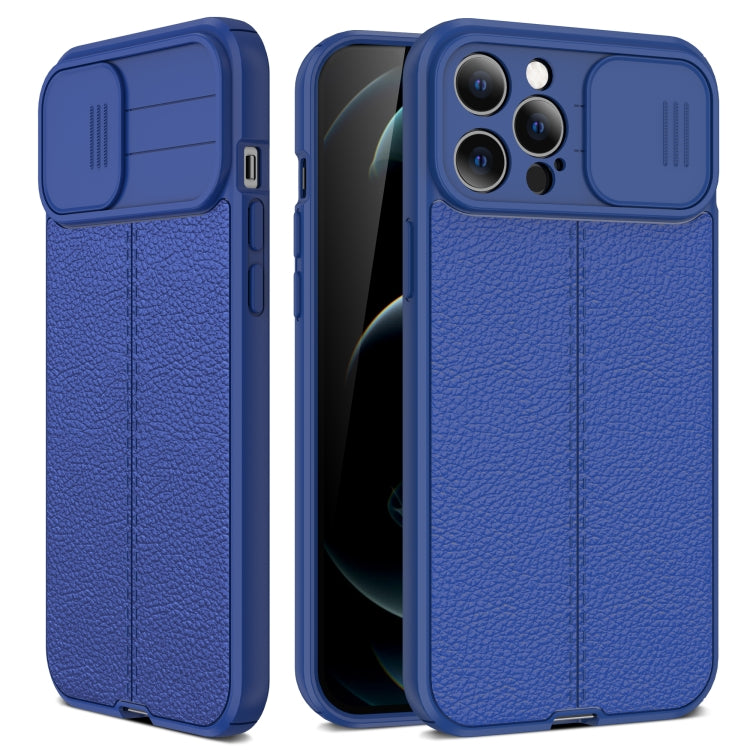 For iPhone 11 Litchi Texture Sliding Camshield TPU Protective Case (Blue) - iPhone 11 Cases by buy2fix | Online Shopping UK | buy2fix