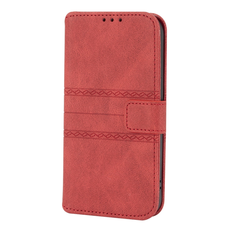 For iPhone 13 Pro Max Embossed Striped Magnetic Buckle PU + TPU Horizontal Flip Leather Case with Holder & Card Slot & Wallet & Photo Frame & Sling (Red) - iPhone 13 Pro Max Cases by buy2fix | Online Shopping UK | buy2fix