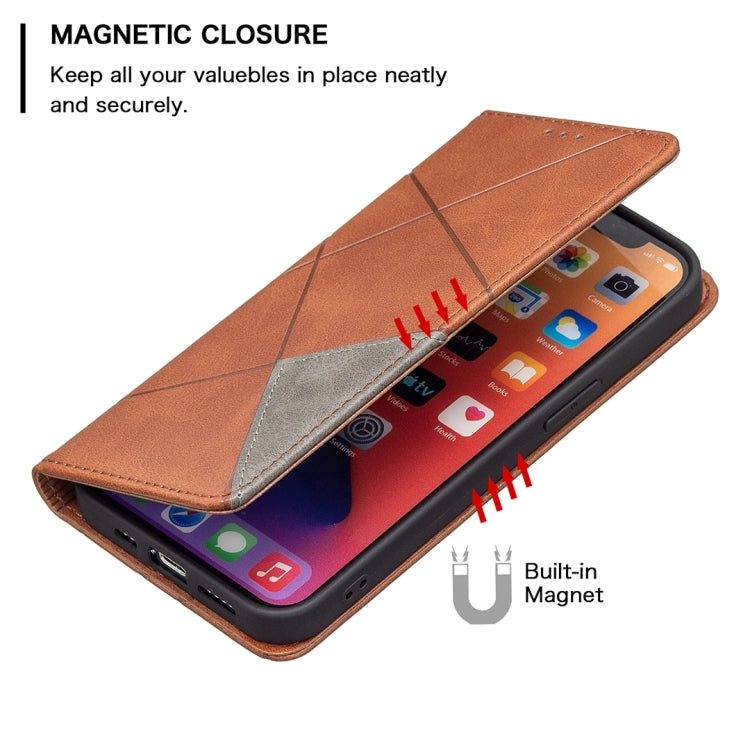 For iPhone 13 Pro Max Rhombus Texture Horizontal Flip Magnetic Leather Case with Holder & Card Slots (Brown) - iPhone 13 Pro Max Cases by buy2fix | Online Shopping UK | buy2fix