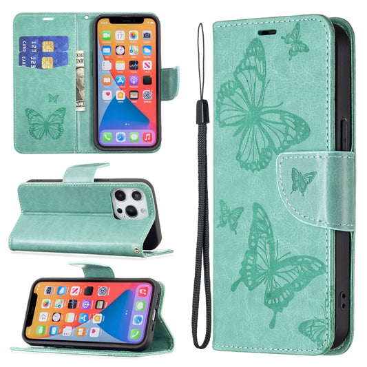 For iPhone 13 mini Embossing Two Butterflies Pattern Horizontal Flip PU Leather Case with Holder & Card Slot & Wallet & Lanyard (Green) - iPhone 13 mini Cases by buy2fix | Online Shopping UK | buy2fix