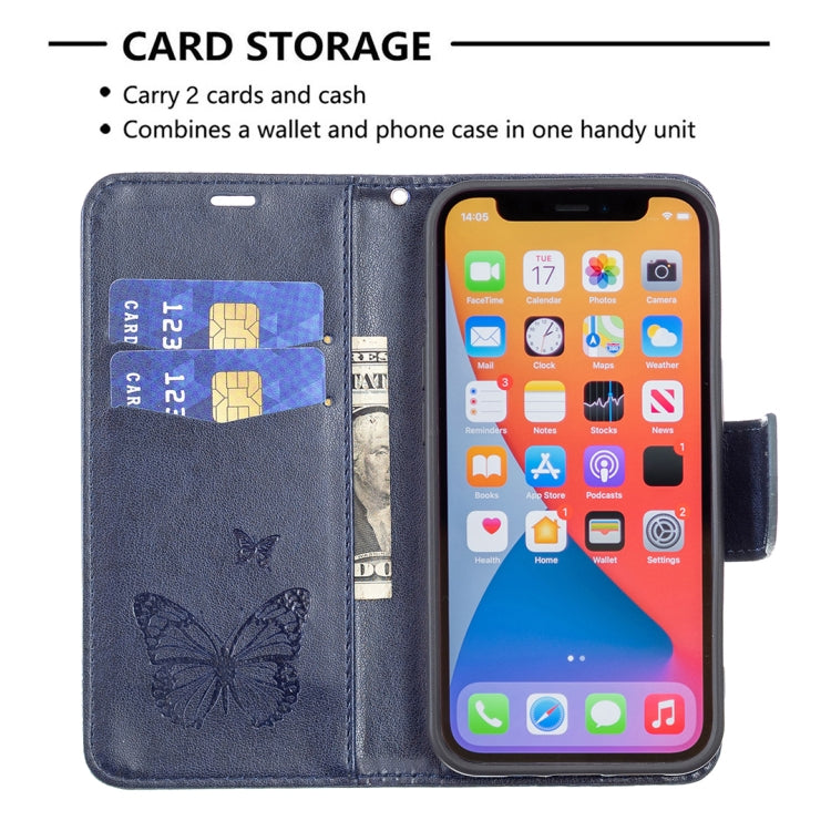 For iPhone 13 Pro Max Embossing Two Butterflies Pattern Horizontal Flip PU Leather Case with Holder & Card Slot & Wallet & Lanyard (Blue) - iPhone 13 Pro Max Cases by buy2fix | Online Shopping UK | buy2fix