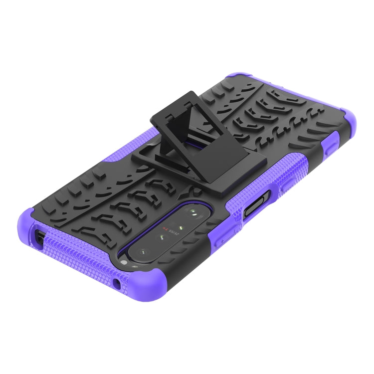 For Sony Xperia 1 III Tire Texture Shockproof TPU+PC Protective Case with Holder(Purple) - Sony Cases by buy2fix | Online Shopping UK | buy2fix