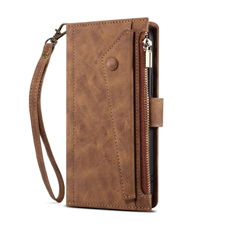 For iPhone 13 Retro Frosted Horizontal Flip Leather Case with Holder & Card Slot & Wallet & Zipper Pocket & Lanyard(Brown) - iPhone 13 Cases by buy2fix | Online Shopping UK | buy2fix