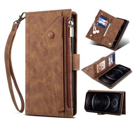 For iPhone 12 Pro Retro Frosted Horizontal Flip Leather Case with Holder & Card Slot & Wallet & Zipper Pocket & Lanyard(Brown) - iPhone 12 / 12 Pro Cases by buy2fix | Online Shopping UK | buy2fix