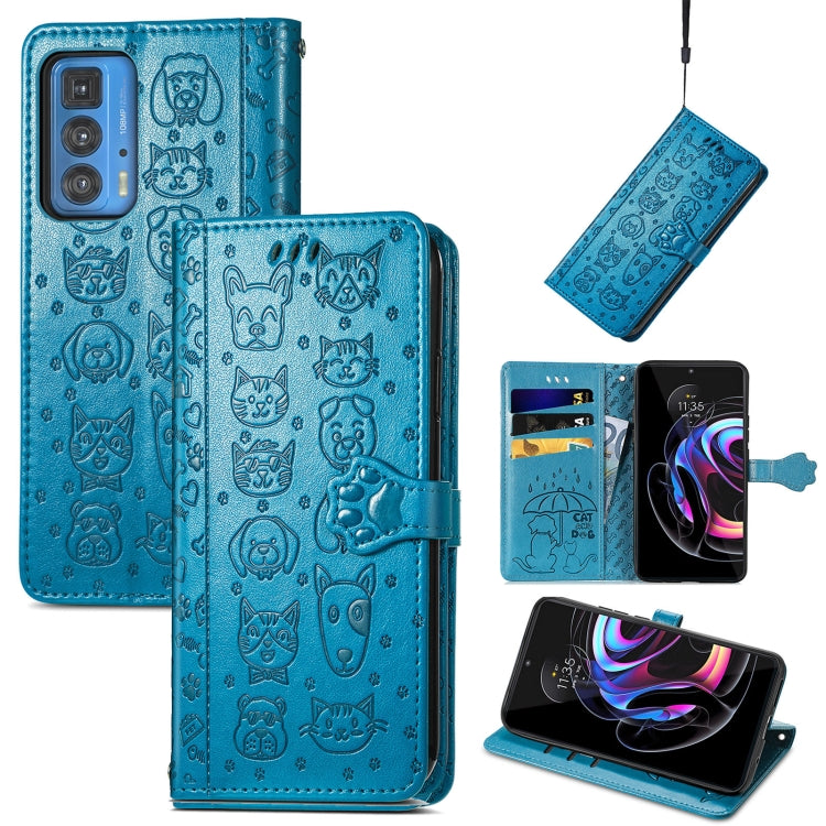 For Motorola Edge 20 Pro Lovely Cat and Dog Embossing Pattern Horizontal Flip Leather Case , with Holder & Card Slots & Wallet & Cartoon Clasp & Lanyard(Blue) - Motorola Cases by buy2fix | Online Shopping UK | buy2fix