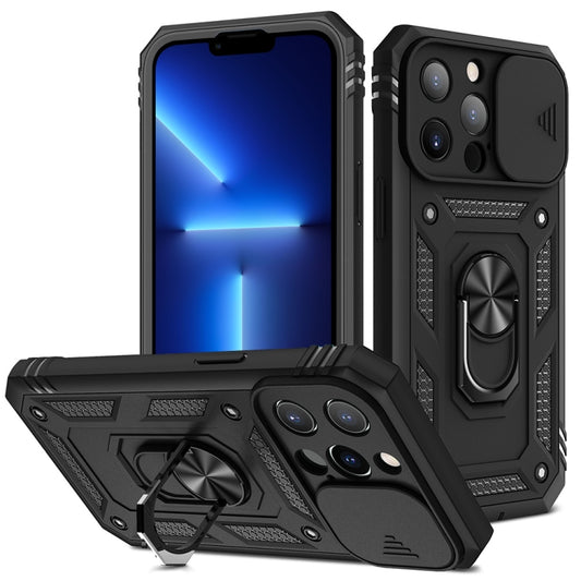 For iPhone 13 Pro Sliding Camera Cover Design TPU + PC Protective Case with 360 Degree Rotating Holder & Card Slot (Black+Black) - iPhone 13 Pro Cases by buy2fix | Online Shopping UK | buy2fix