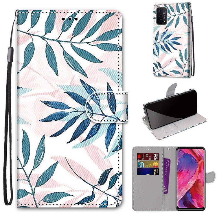 For OPPO A93 5G / A93s 5G / A54 5G / A74 5G Coloured Drawing Cross Texture Horizontal Flip PU Leather Case with Holder & Card Slots & Wallet & Lanyard(Pink Green Leaf) - OPPO Cases by buy2fix | Online Shopping UK | buy2fix