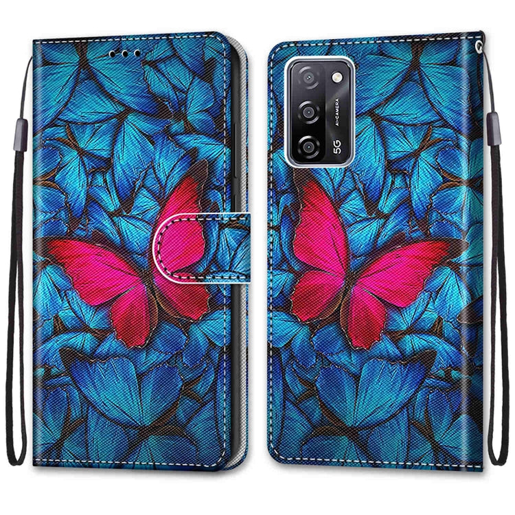 For OPPO A54 4G / A16 4G / A53s 5G / A55 5G Coloured Drawing Cross Texture Horizontal Flip PU Leather Case with Holder & Card Slots & Wallet & Lanyard(Blue Red Butterfly) - OPPO Cases by buy2fix | Online Shopping UK | buy2fix