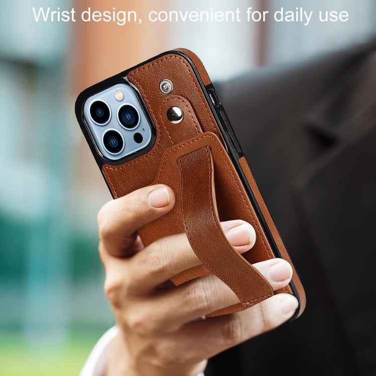 For iPhone 13 Pro Max Crazy Horse Texture Shockproof TPU + PU Leather Case with Card Slot & Wrist Strap Holder (Brown) - iPhone 13 Pro Max Cases by buy2fix | Online Shopping UK | buy2fix