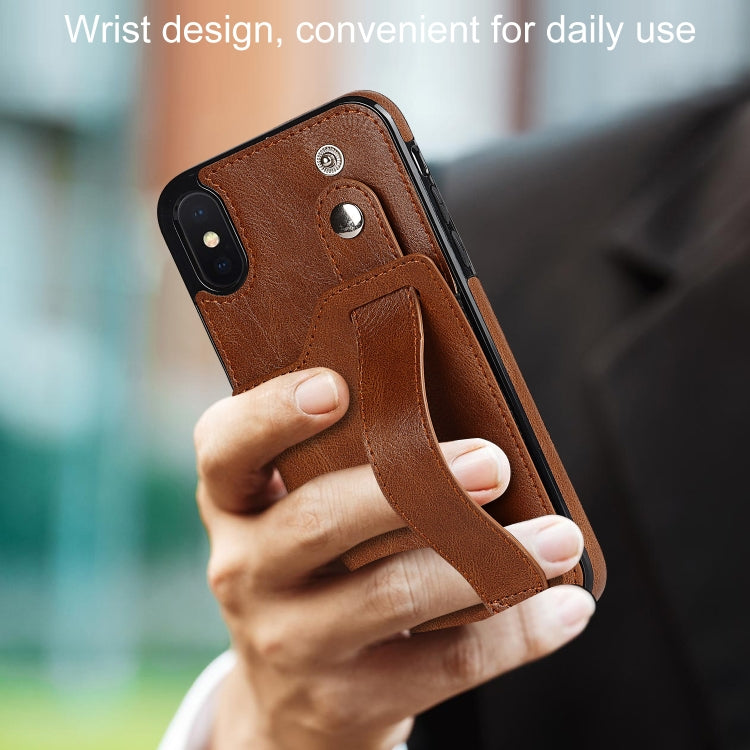 For iPhone X / XS Crazy Horse Texture Shockproof TPU + PU Leather Case with Card Slot & Wrist Strap Holder(Brown) - More iPhone Cases by buy2fix | Online Shopping UK | buy2fix