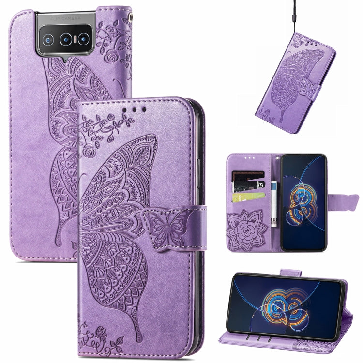 For Asus Zenfone 8 Flip Butterfly Love Flower Embossed Horizontal Flip Leather Case with Holder & Card Slots & Wallet & Lanyard(Light Purple) - ASUS Cases by buy2fix | Online Shopping UK | buy2fix