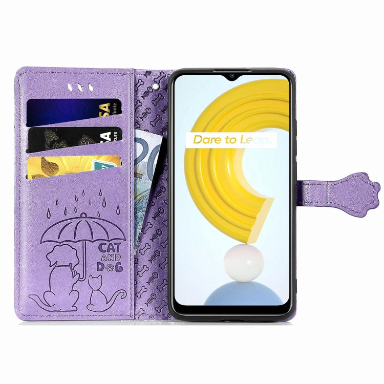 For OPPO Realme C21Y Cat and Dog Embossed Horizontal Flip Phone Leather Case with Holder & Card Slot & Wallet & Lanyard(Purple) - Realme Cases by buy2fix | Online Shopping UK | buy2fix