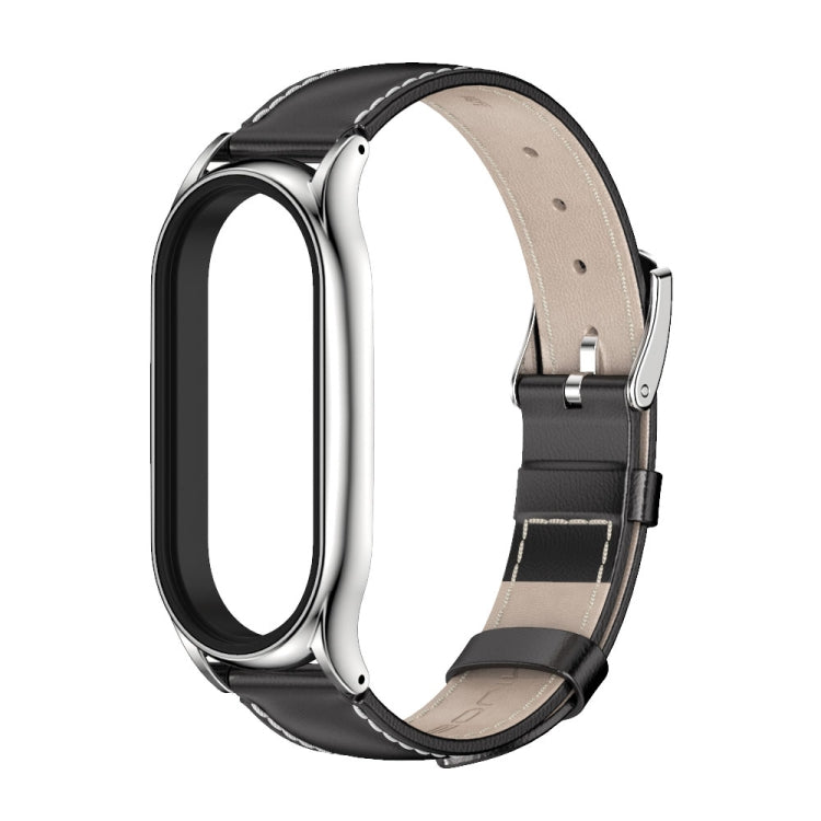 For Xiaomi Mi Band 7 / 7 NFC MIJOBS Plus Genuine Leather Watch Band(Black Silver) - Watch Bands by MIJOBS | Online Shopping UK | buy2fix