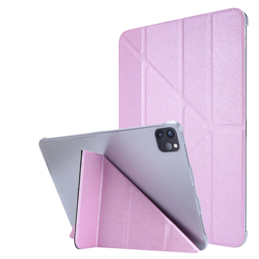 For iPad Air 13 2024 / Pro 12.9 2020 Silk Texture Horizontal Deformation Flip Leather Tablet Case with Three-folding Holder(Pink) - iPad Pro 12.9 (2020) Cases by buy2fix | Online Shopping UK | buy2fix