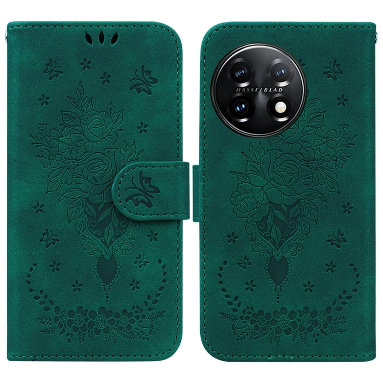 For OnePlus 11 Butterfly Rose Embossed Leather Phone Case(Green) - OnePlus Cases by buy2fix | Online Shopping UK | buy2fix