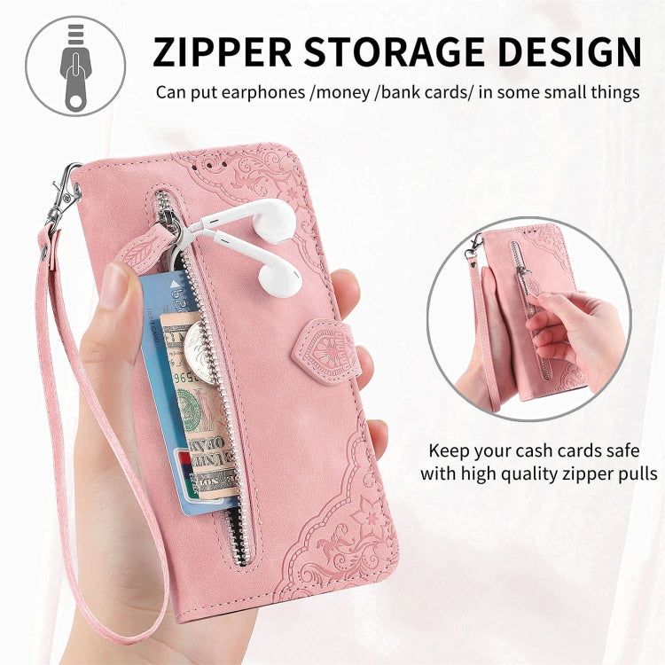 For Blackview A85 Embossed Flower Zipper Leather Phone Case(Pink) - More Brand by buy2fix | Online Shopping UK | buy2fix