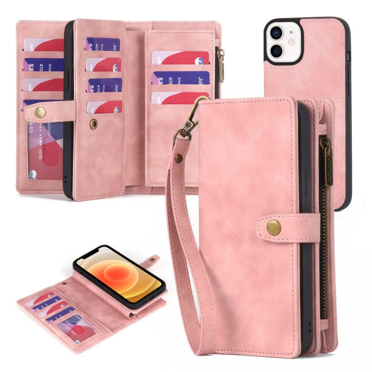 For iPhone 12 / 12 Pro Zipper Wallet Detachable MagSafe Leather Phone Case(Pink) - iPhone 12 / 12 Pro Cases by buy2fix | Online Shopping UK | buy2fix