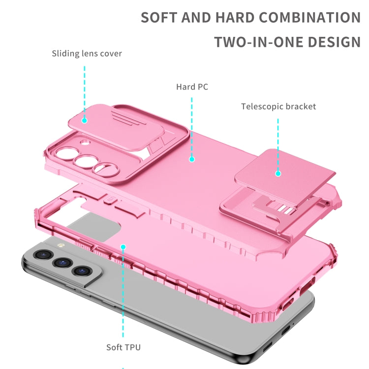 For Samsung Galaxy S22+ 5G Stereoscopic Holder Sliding Camshield Phone Case(Pink) - Galaxy S22+ 5G Cases by buy2fix | Online Shopping UK | buy2fix