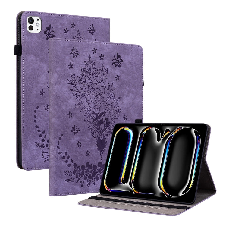 For iPad Pro 11 2024 Butterfly Rose Embossed Leather Smart Tablet Case(Purple) - iPad Pro 11 2024 Cases by buy2fix | Online Shopping UK | buy2fix