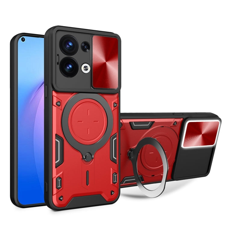 For OPPO Reno8 5G CD Texture Sliding Camshield Magnetic Holder Phone Case(Red) - OPPO Cases by buy2fix | Online Shopping UK | buy2fix