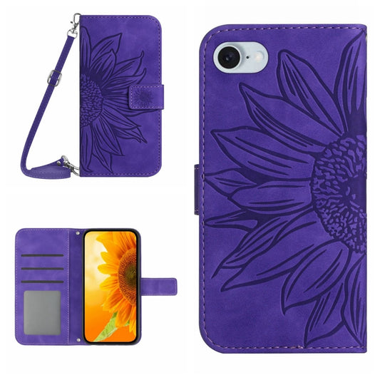 For iPhone SE 2024 Skin Feel Sun Flower Embossed Flip Leather Phone Case with Lanyard(Dark Purple) - More iPhone Cases by buy2fix | Online Shopping UK | buy2fix