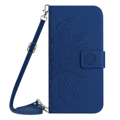 For iPhone 16 Pro Max Skin Feel Sun Flower Embossed Flip Leather Phone Case with Lanyard(Dark Blue) - iPhone 16 Pro Max Cases by buy2fix | Online Shopping UK | buy2fix