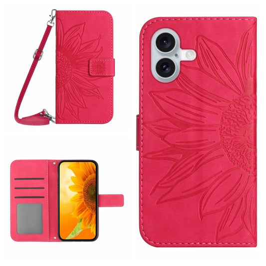 For iPhone 16 Skin Feel Sun Flower Embossed Flip Leather Phone Case with Lanyard(Rose Red) - iPhone 16 Cases by buy2fix | Online Shopping UK | buy2fix