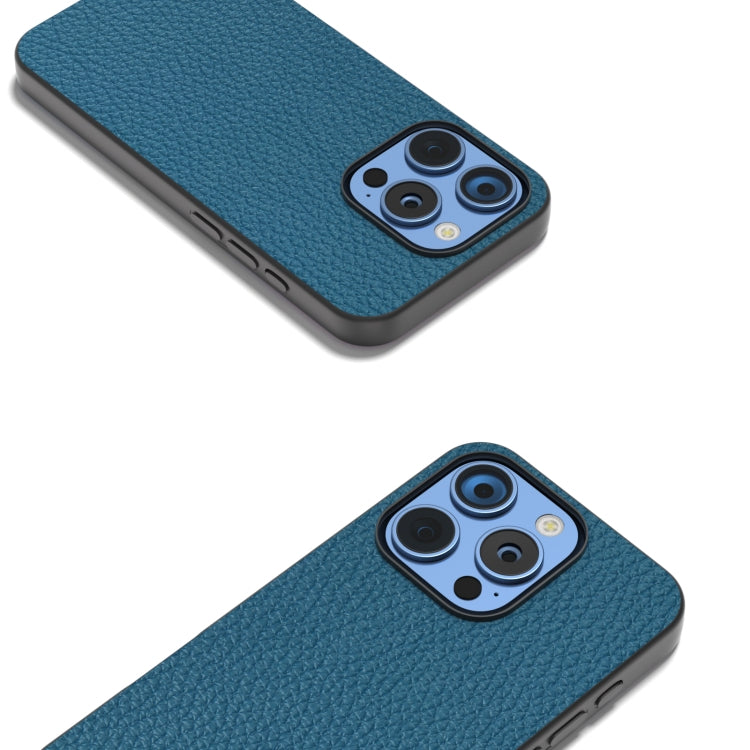 For iPhone 16 Pro Max ABEEL Genuine Leather Litchi Texture Phone Case(Blue) - iPhone 16 Pro Max Cases by buy2fix | Online Shopping UK | buy2fix