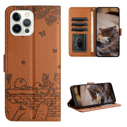 For iPhone 16 Pro Max Cat Embossing Pattern Leather Phone Case with Lanyard(Brown) - iPhone 16 Pro Max Cases by buy2fix | Online Shopping UK | buy2fix