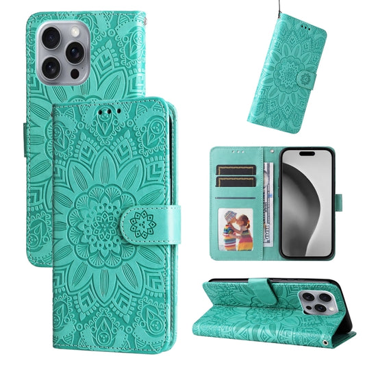 For iPhone 16 Pro Max Embossed Sunflower Leather Phone Case(Green) - iPhone 16 Pro Max Cases by buy2fix | Online Shopping UK | buy2fix