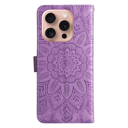 For iPhone 16 Pro Embossed Sunflower Leather Phone Case(Purple) - iPhone 16 Pro Cases by buy2fix | Online Shopping UK | buy2fix