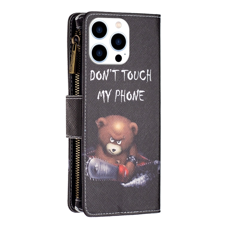 For iPhone 16 Pro Colored Drawing Pattern Zipper Phone Leather Case(Bear) - iPhone 16 Pro Cases by buy2fix | Online Shopping UK | buy2fix