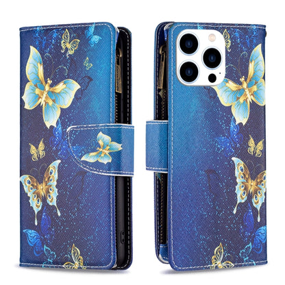 For iPhone 16 Pro Colored Drawing Pattern Zipper Phone Leather Case(Gold Butterfly) - iPhone 16 Pro Cases by buy2fix | Online Shopping UK | buy2fix