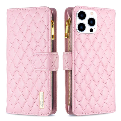 For iPhone 16 Pro Diamond Lattice Zipper Wallet Leather Flip Phone Case(Pink) - iPhone 16 Pro Cases by buy2fix | Online Shopping UK | buy2fix