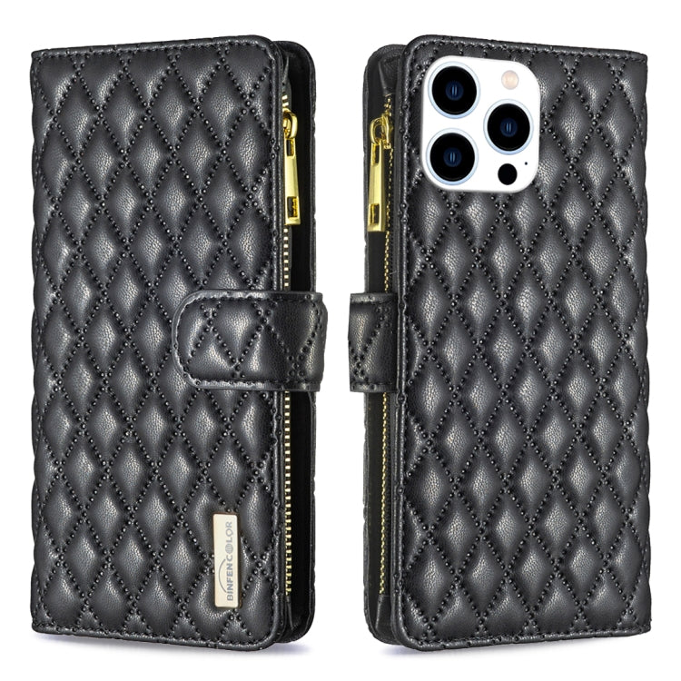 For iPhone 16 Pro Diamond Lattice Zipper Wallet Leather Flip Phone Case(Black) - iPhone 16 Pro Cases by buy2fix | Online Shopping UK | buy2fix