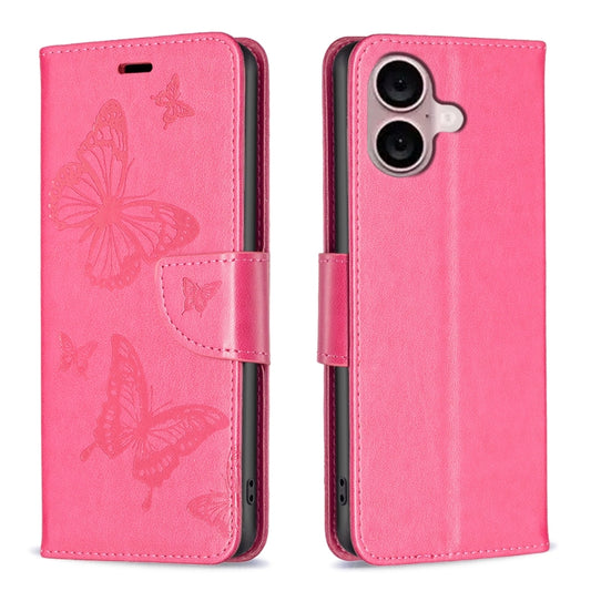 For iPhone 16 Embossing Two Butterflies Pattern Leather Phone Case(Rose Red) - iPhone 16 Cases by buy2fix | Online Shopping UK | buy2fix