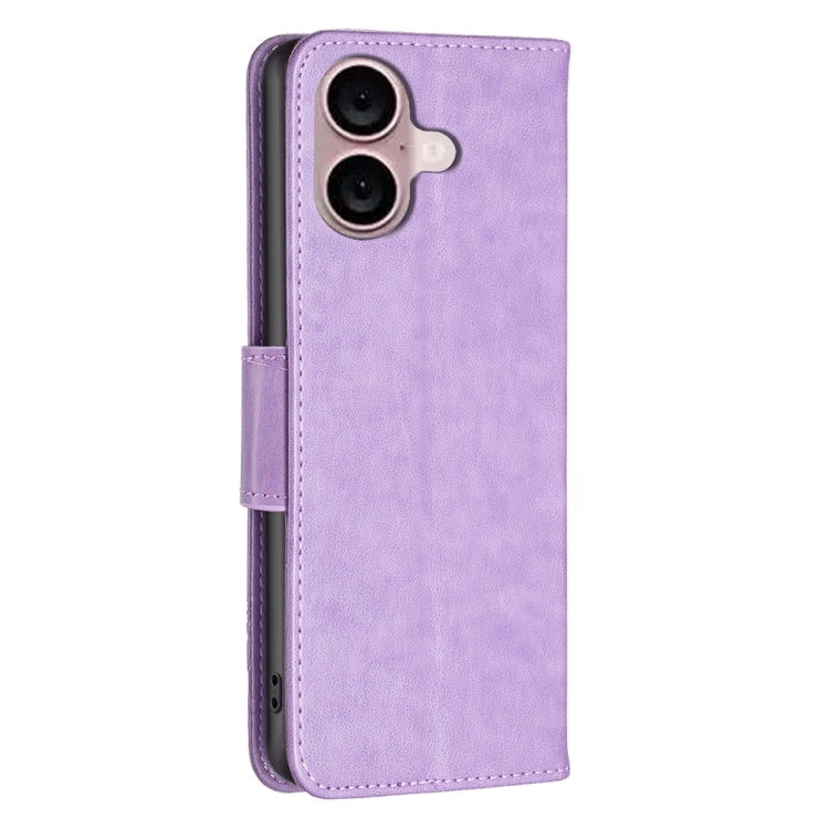 For iPhone 16 Plus Embossing Two Butterflies Pattern Leather Phone Case(Purple) - iPhone 16 Plus Cases by buy2fix | Online Shopping UK | buy2fix