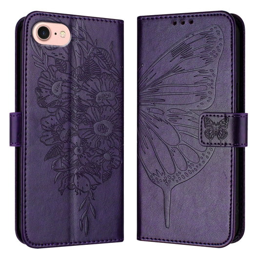 For iPhone SE 2024 Embossed Butterfly Leather Phone Case(Dark Purple) - More iPhone Cases by buy2fix | Online Shopping UK | buy2fix