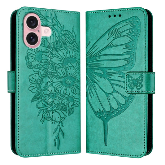 For iPhone 16 Embossed Butterfly Leather Phone Case(Green) - iPhone 16 Cases by buy2fix | Online Shopping UK | buy2fix