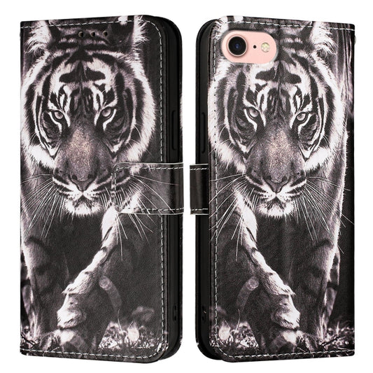 For iPhone SE 2024 Colored Drawing Pattern Plain Weave Leather Phone Case(Black And White Tiger) - More iPhone Cases by buy2fix | Online Shopping UK | buy2fix