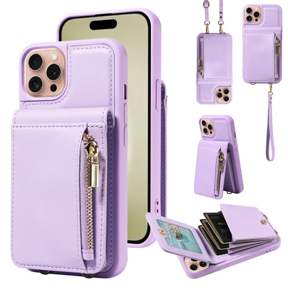 For iPhone 16 Pro Crossbody Lanyard Zipper Wallet Leather Phone Case(Purple) - iPhone 16 Pro Cases by buy2fix | Online Shopping UK | buy2fix