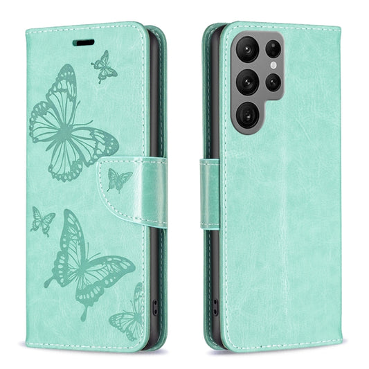 For Samsung Galaxy S24 Ultra 5G Embossing Two Butterflies Pattern Leather Phone Case(Green) - Galaxy S24 Ultra 5G Cases by buy2fix | Online Shopping UK | buy2fix