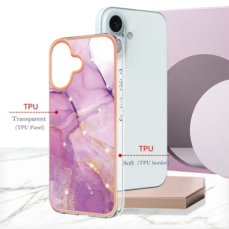 For iPhone 16 Plus Electroplating Marble Pattern Dual-side IMD TPU Shockproof Phone Case (Purple 001) - iPhone 16 Plus Cases by buy2fix | Online Shopping UK | buy2fix