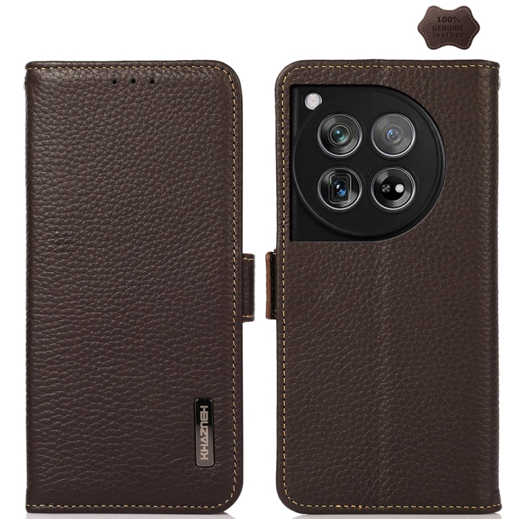 For OnePlus 12 KHAZNEH Side-Magnetic Litchi Genuine Leather RFID Phone Case(Brown) - OnePlus Cases by buy2fix | Online Shopping UK | buy2fix