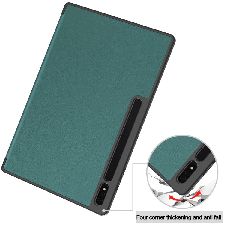 For Samsung Galaxy Tab S9 Ultra 3-Fold Pure Color TPU Smart Leather Tablet Case with Pen Slot(Dark Green) - Galaxy Tab S9 Ultra Cases by buy2fix | Online Shopping UK | buy2fix