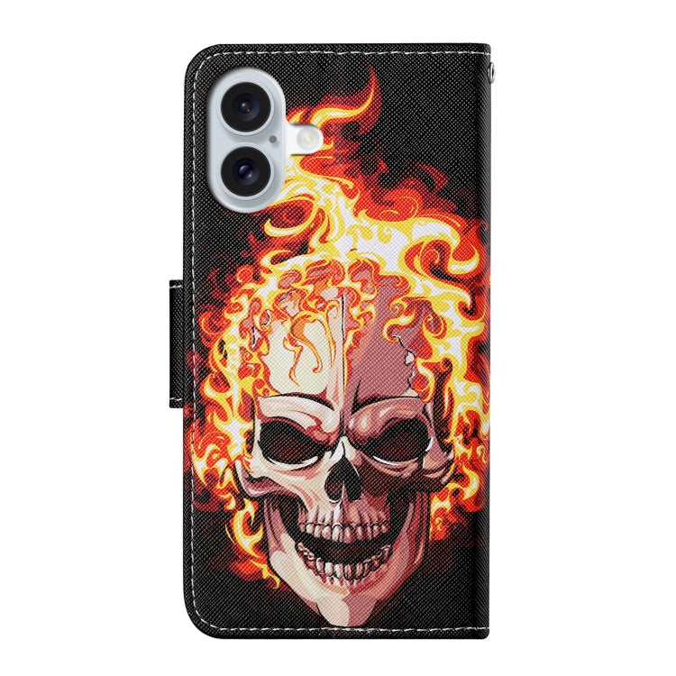 For iPhone 16 3D Colored Drawing Flip Leather Phone Case(Flame Skull) - iPhone 16 Cases by buy2fix | Online Shopping UK | buy2fix