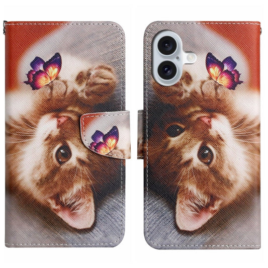 For iPhone 16 3D Colored Drawing Flip Leather Phone Case(Butterfly Cat) - iPhone 16 Cases by buy2fix | Online Shopping UK | buy2fix