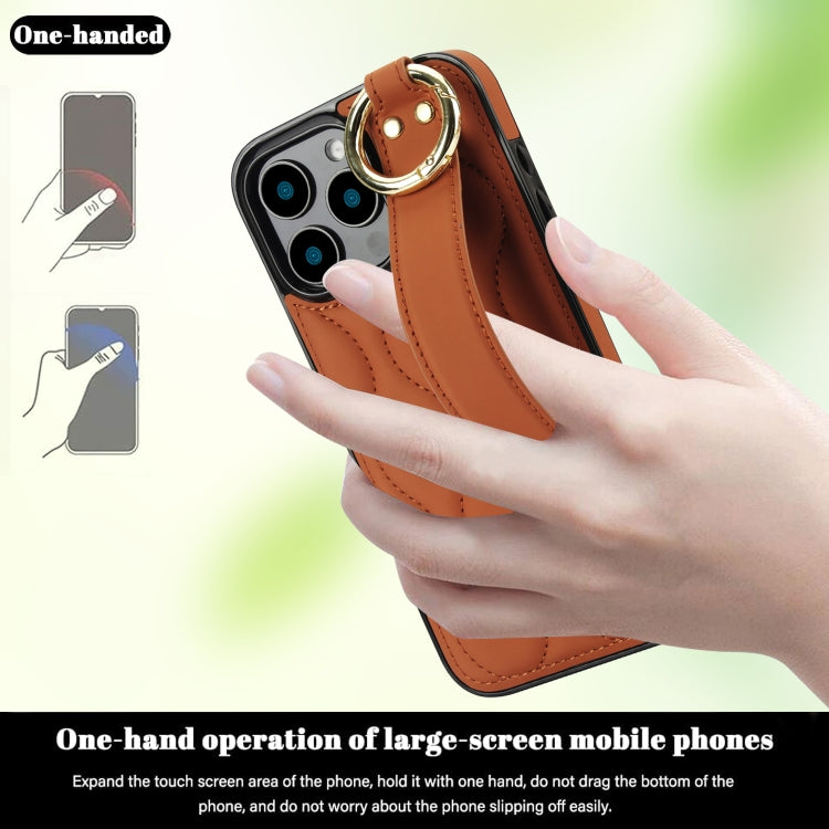 For iPhone 16 Pro Non-slip Full Coverage Ring PU Phone Case with Wristband(Brown) - iPhone 16 Pro Cases by buy2fix | Online Shopping UK | buy2fix