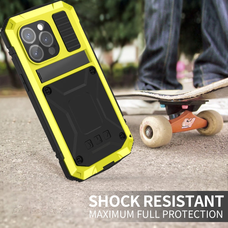 For iPhone 15 Pro Max R-JUST Shockproof Life Waterproof Dust-proof Metal + Silicone Phone Case with Holder(Yellow) - iPhone 15 Pro Max Cases by R-JUST | Online Shopping UK | buy2fix