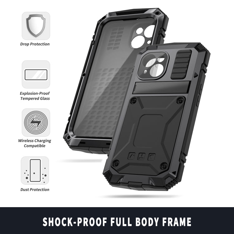 For iPhone 15 Plus R-JUST Shockproof Life Waterproof Dust-proof Metal + Silicone Phone Case with Holder(Black) - iPhone 15 Plus Cases by R-JUST | Online Shopping UK | buy2fix